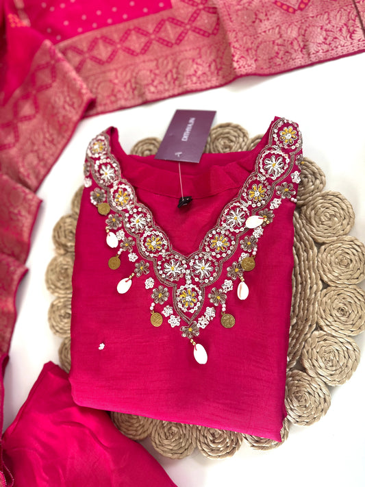 K241 - Russian silk handwork Straight kurti with pants and Banarasi silk dupatta