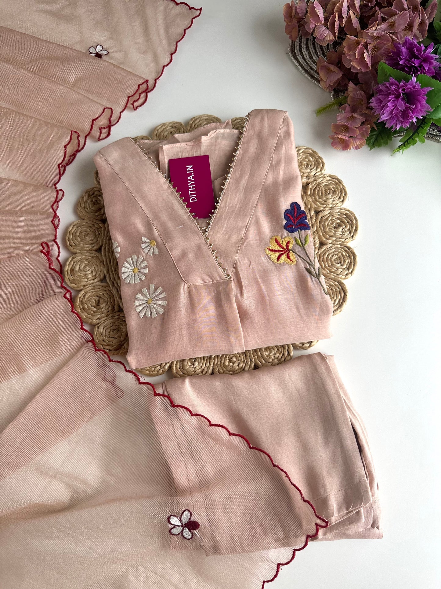 K302 - Mul Chanderi Appliqué work Aline Kurti with pants and dupatta