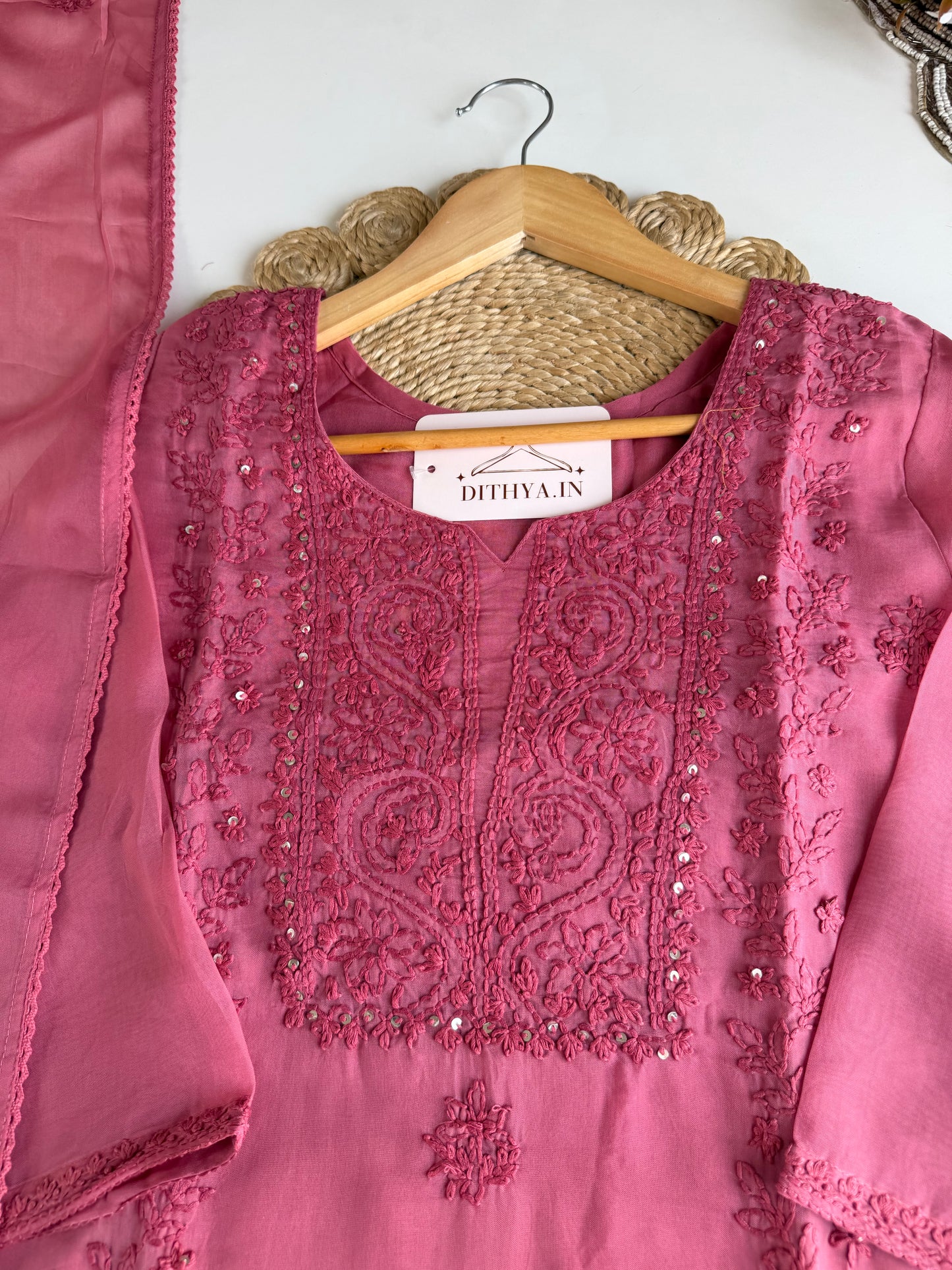 K654 - Viscose organza embroidered straight Kurti with pants and dupatta