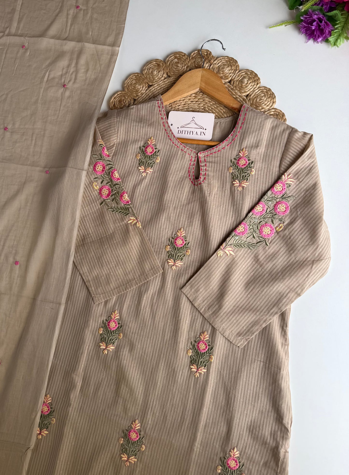 K339 - Mul cotton embroidered straight Kurti with pants and dupatta