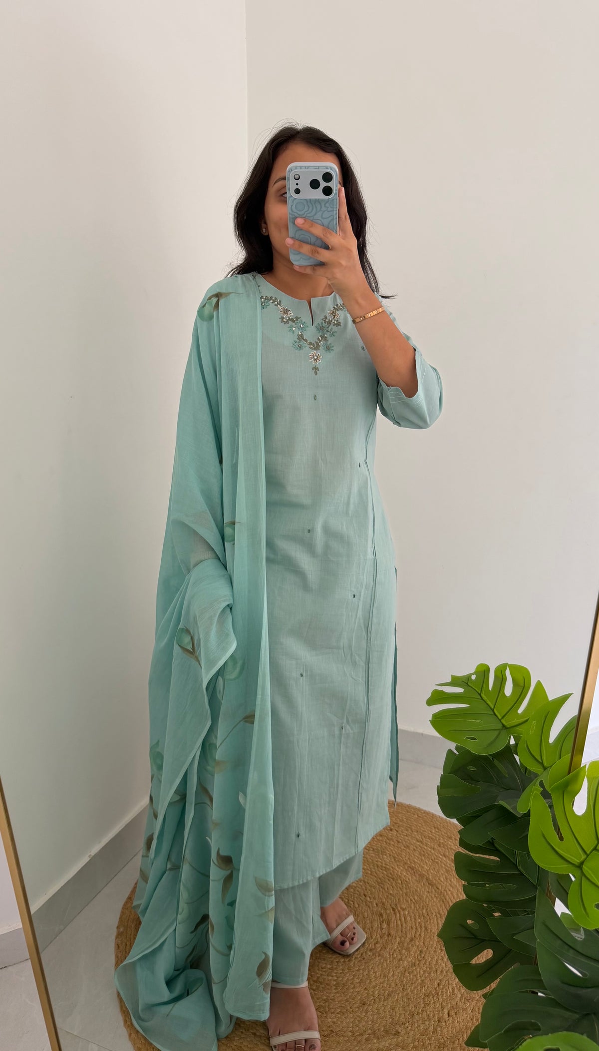 K624 - Mul cotton embroidered straight Kurti with pants and hand painted dupatta