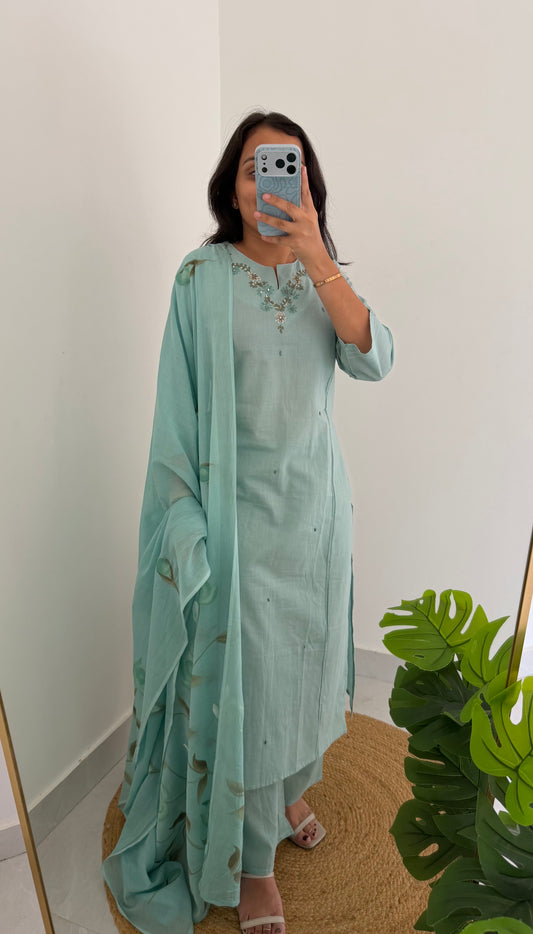 K624 - Mul cotton embroidered straight Kurti with pants and hand painted dupatta