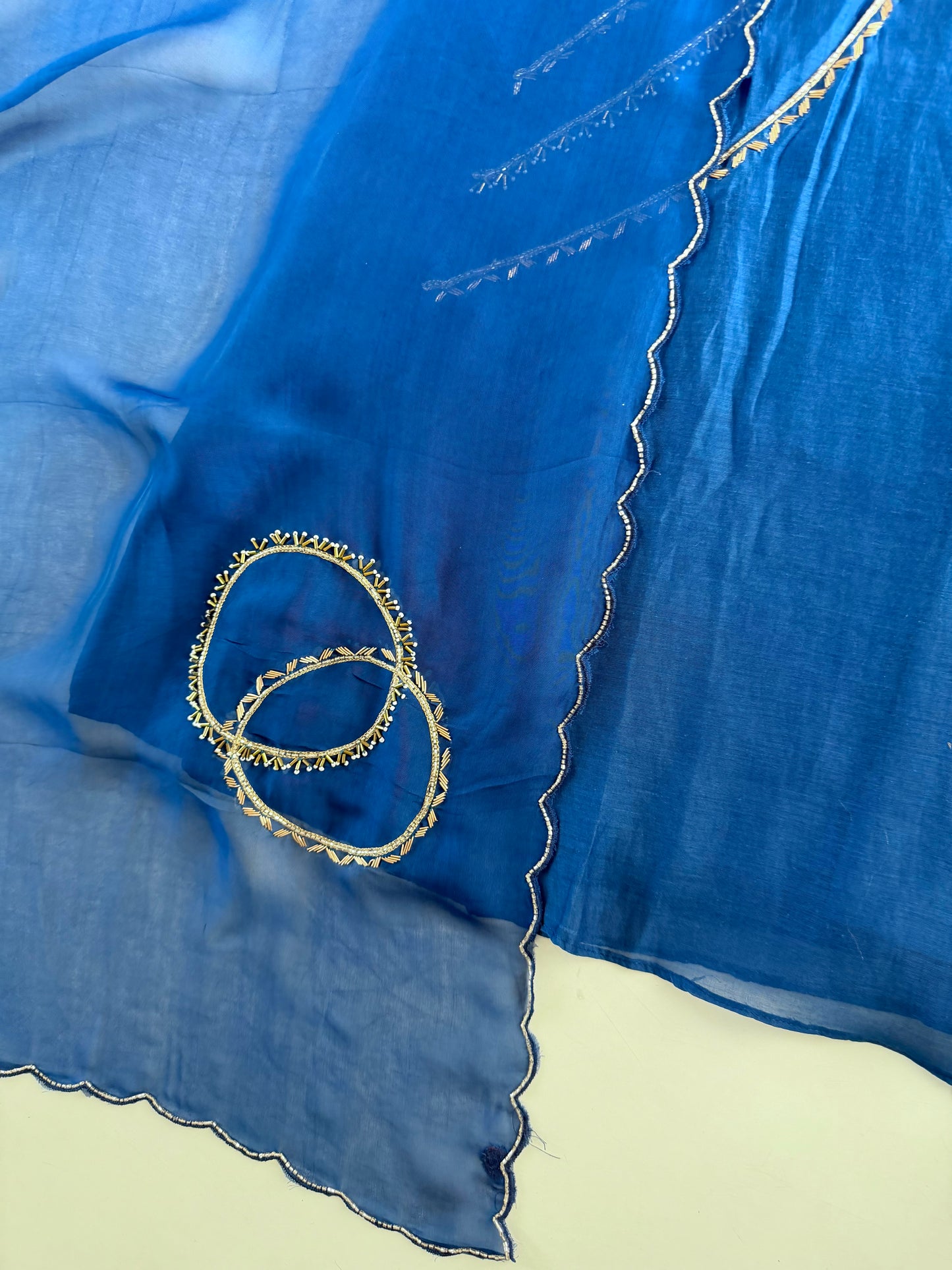 K063 - Mul chanderi cutdhana handwork Aline Kurti with pants and dupatta