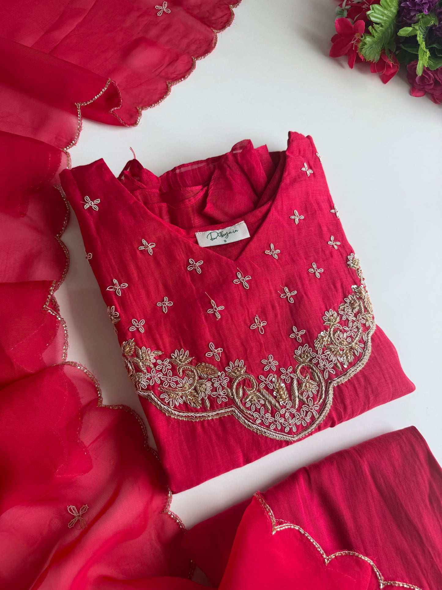 K328 - Mul chanderi handwork aline Kurti with pants and dupatta in 2 colours