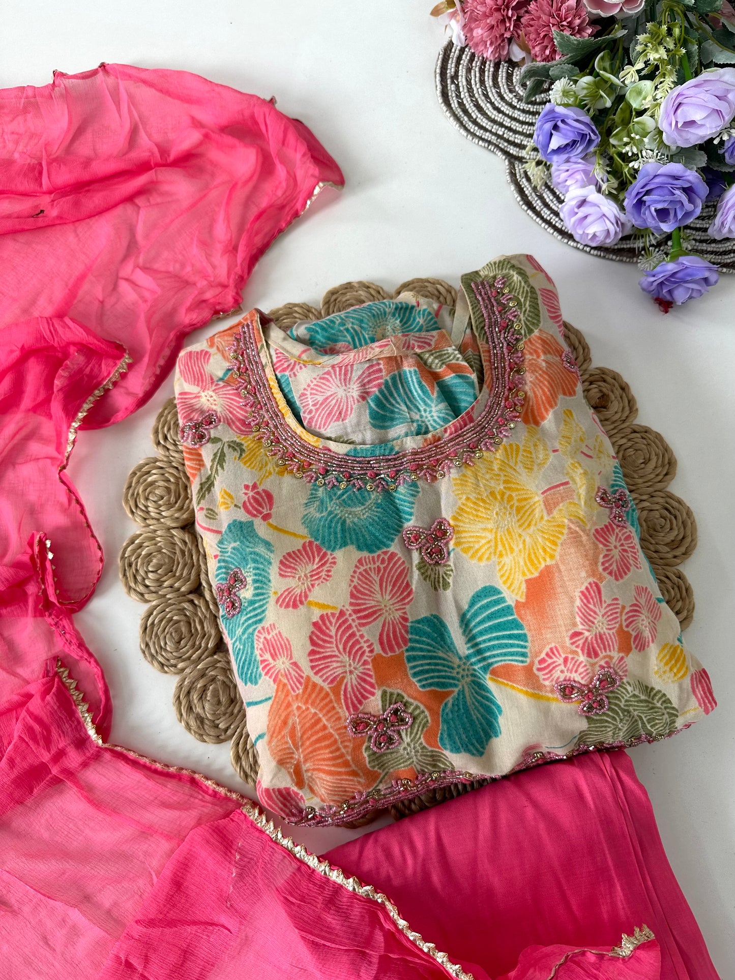 D050 -Muslin silk Anarkali with pants and dupatta