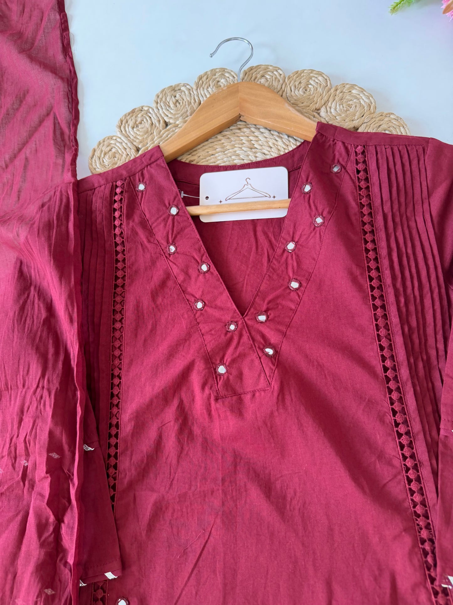 K628 - Mul cotton mirror work Anarkali with pants and dupatta