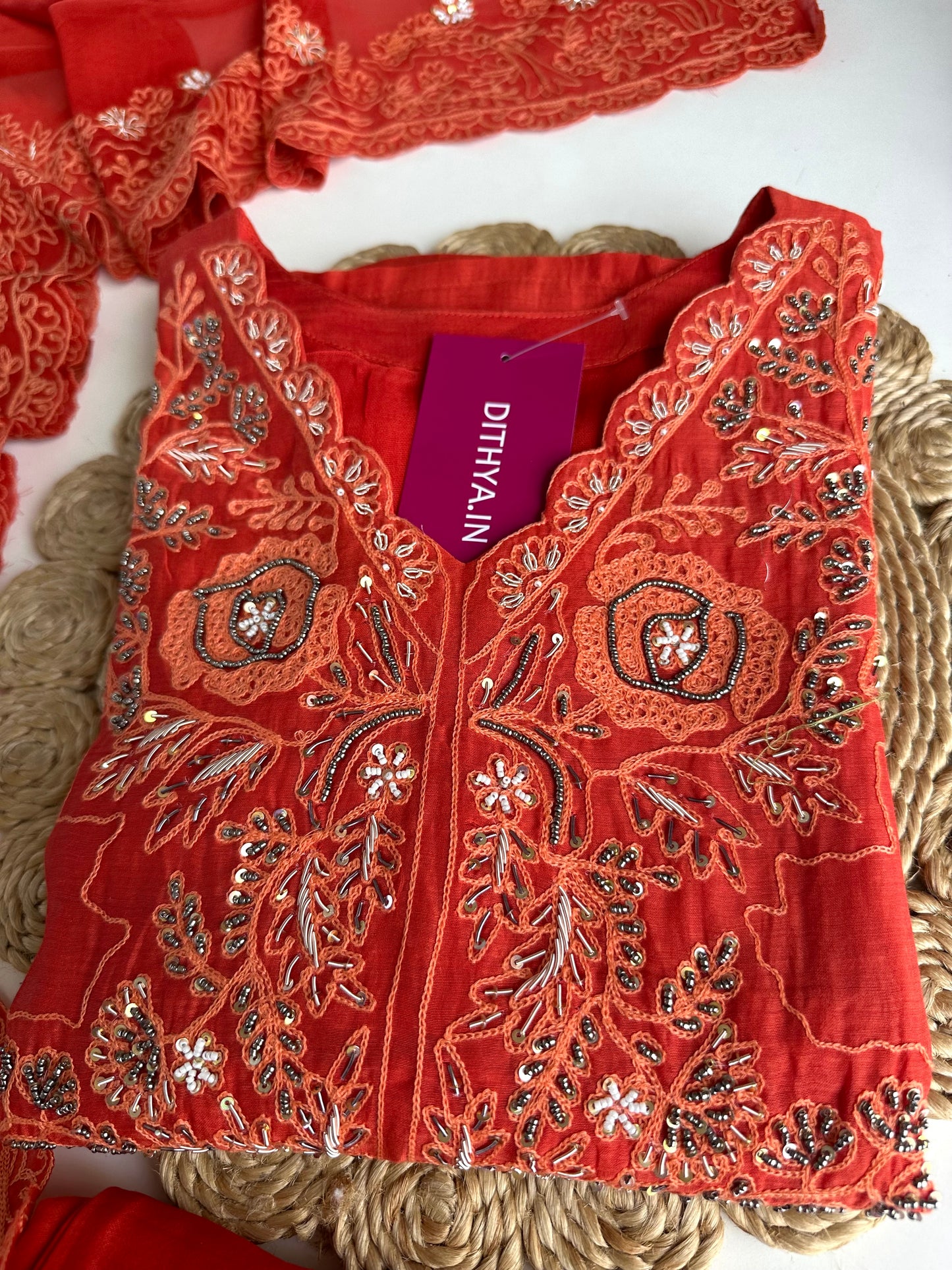 K141 - Mul Chanderi handwork Straight Kurti with pants and dupatta