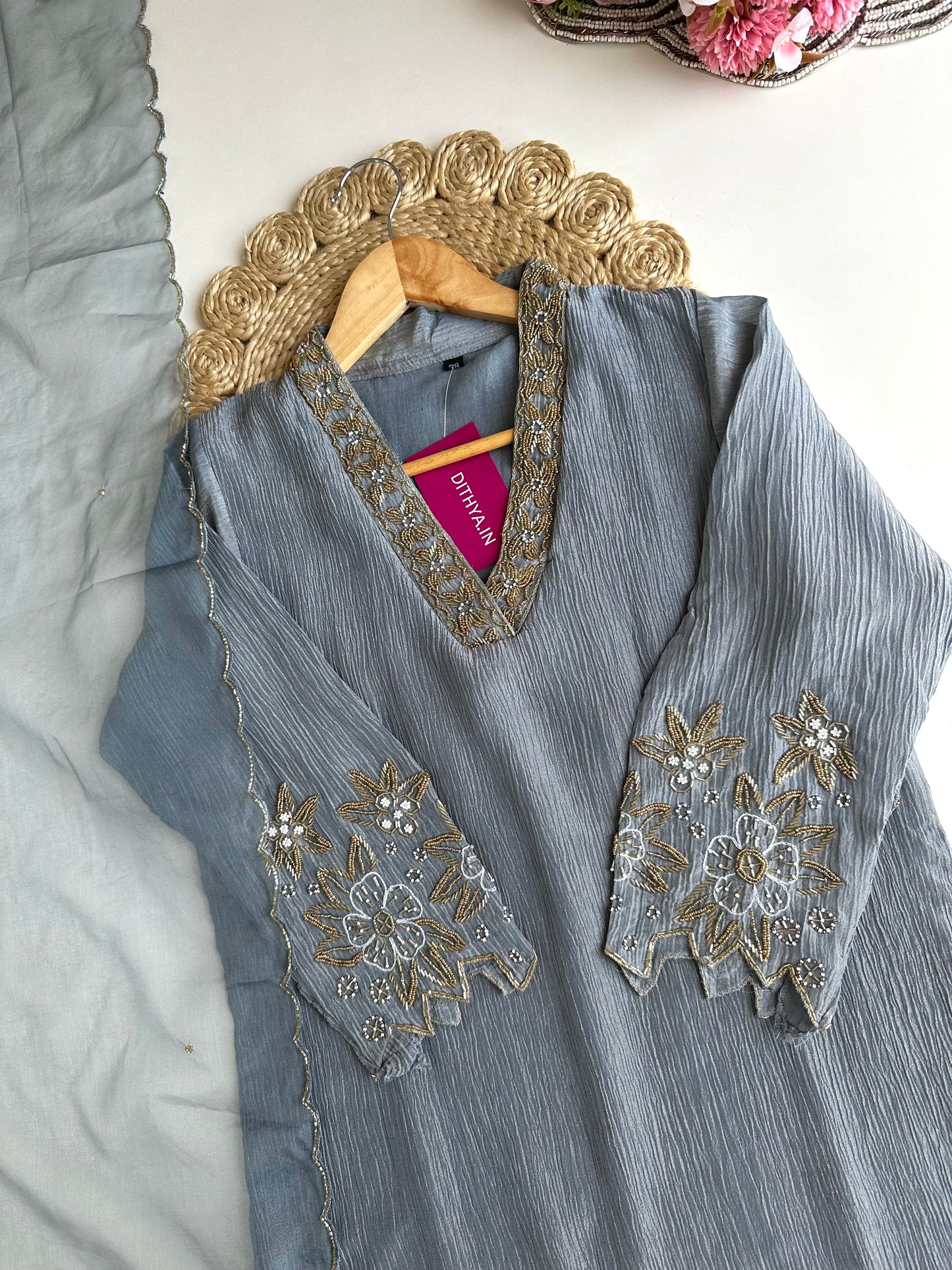K057 - Crush tissue handwork straight Kurti with pants and dupatta