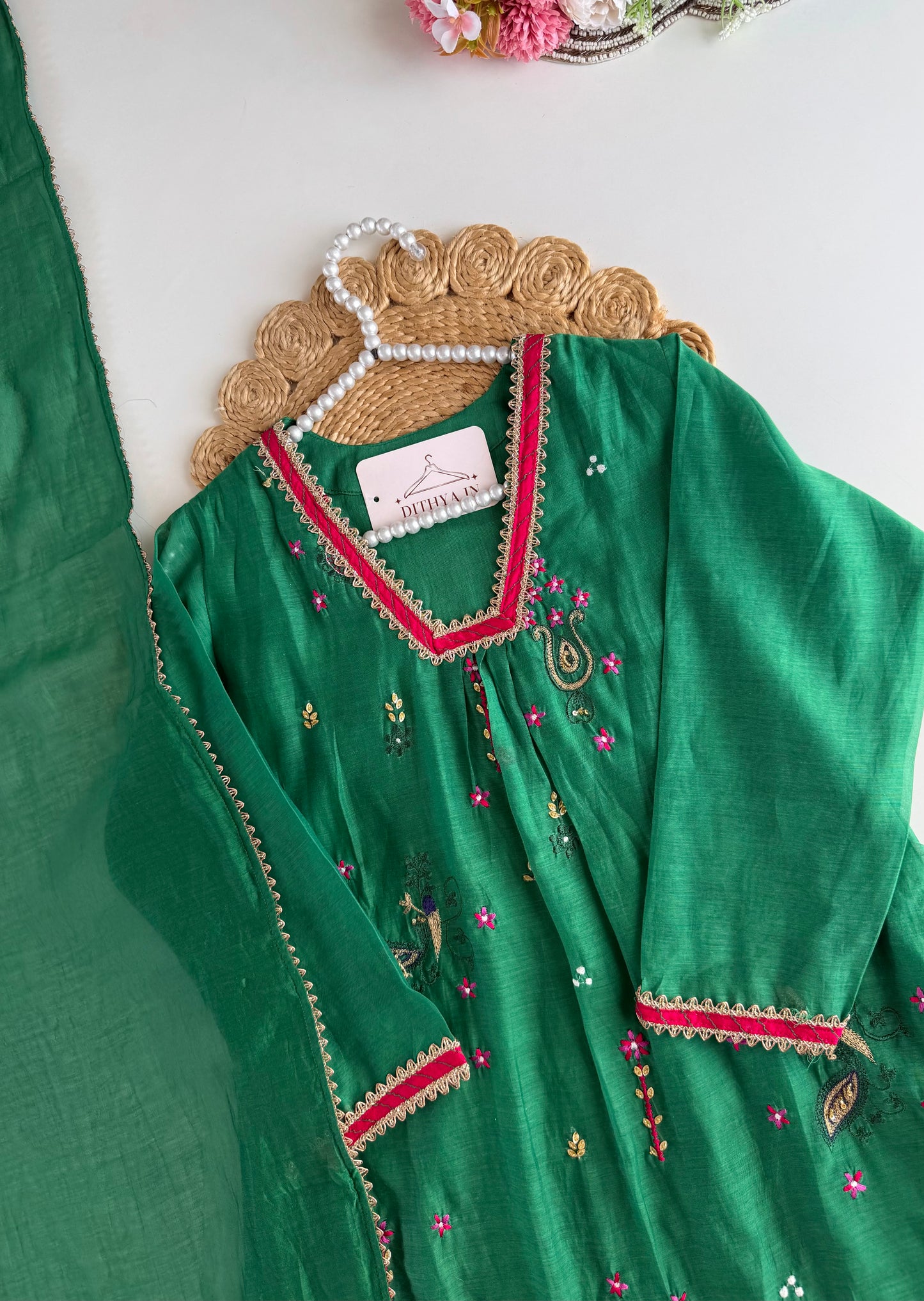K618 - Mul chanderi handwork aline Kurti with pants and dupatta