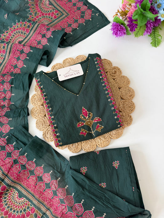 K227 - Mul cotton embroidered Aline Kurti with pants and dupatta