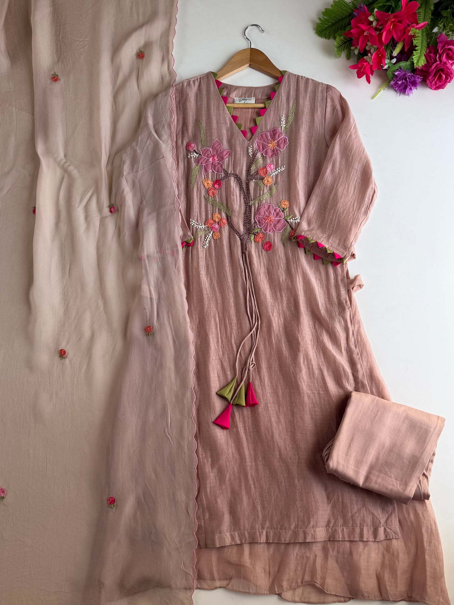 K701 - Mul chanderi embroidered Aline Kurti with pants and dupatta