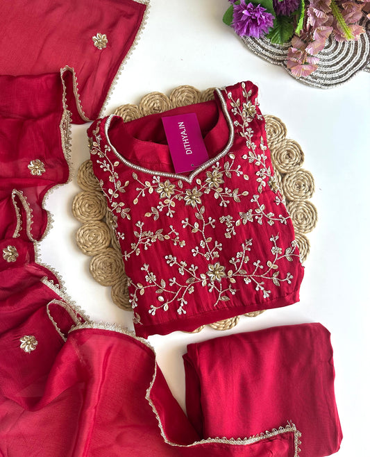 K158 - Pure Chinnon heavy handwork Anarkali with pants and dupatta