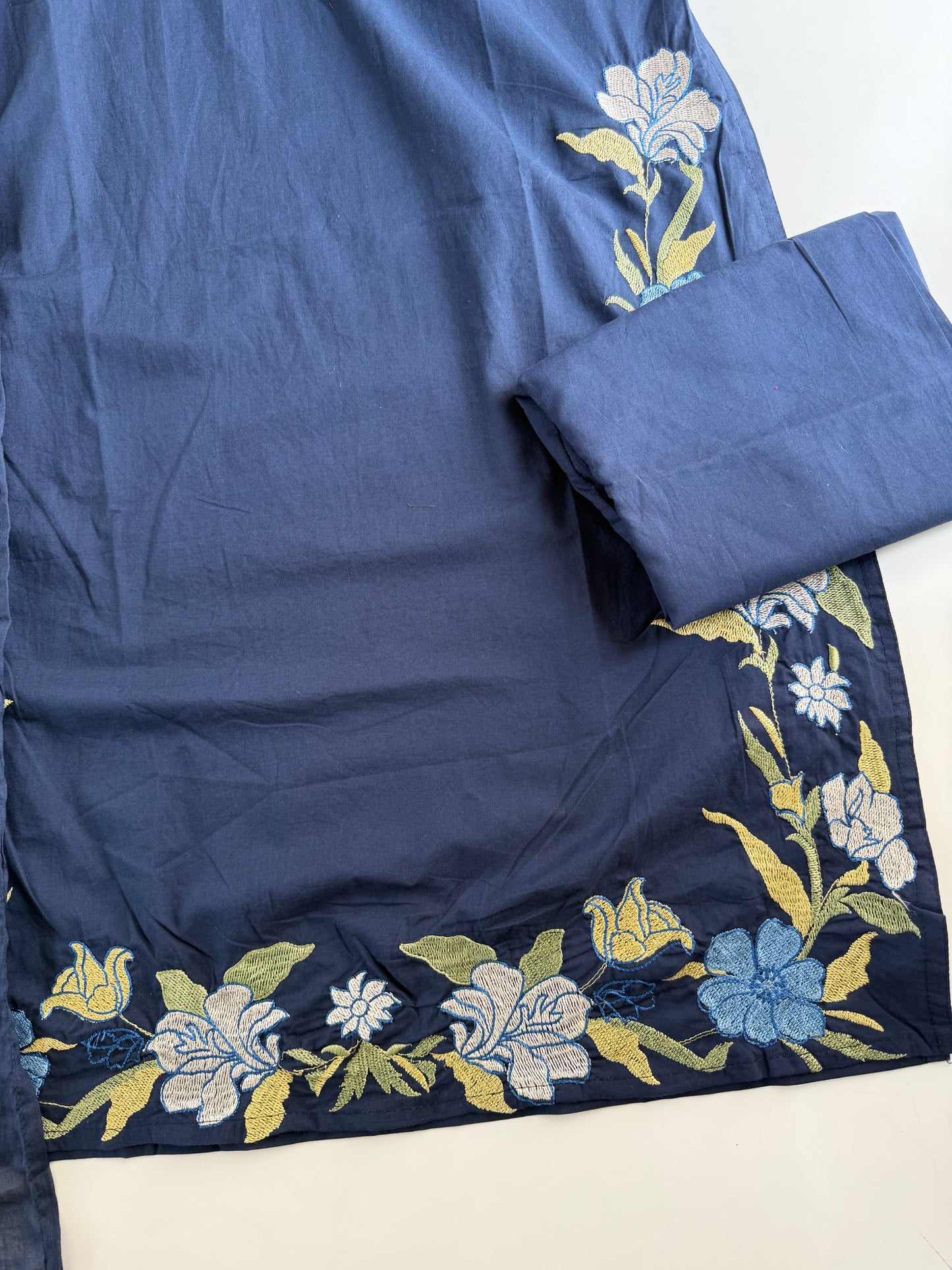 K687 - Mul cotton embroidered straight Kurti with pants and dupatta