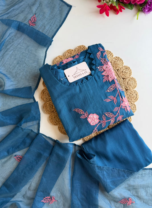 K390 - Kota doriya handwork appliqué Aline Kurti with pants and dupatta