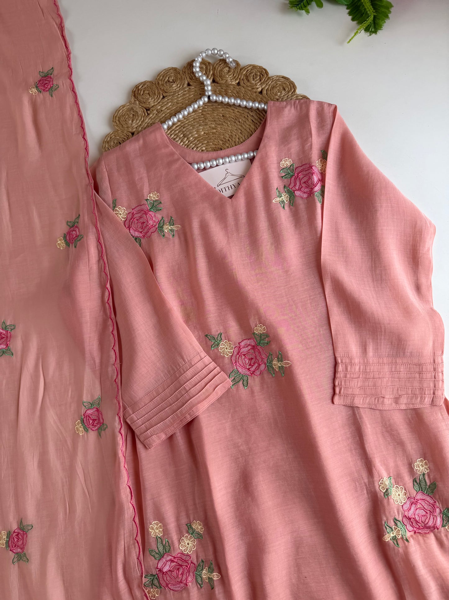 K648 - Surat Mul chanderi embroidered straight Kurti with pants and dupatta