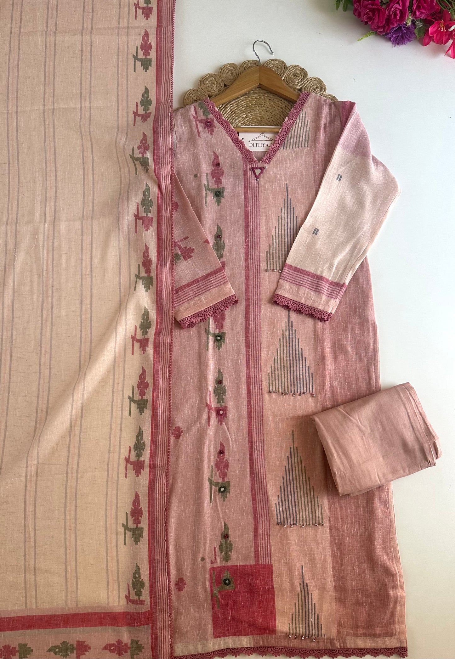 K543 - Linen embroidered straight Kurti with pants and dupatta