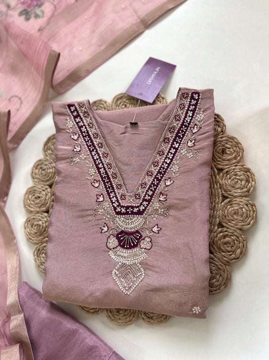 K087 - Tissue silk Handwork Straight kurti with pants and dupatta.