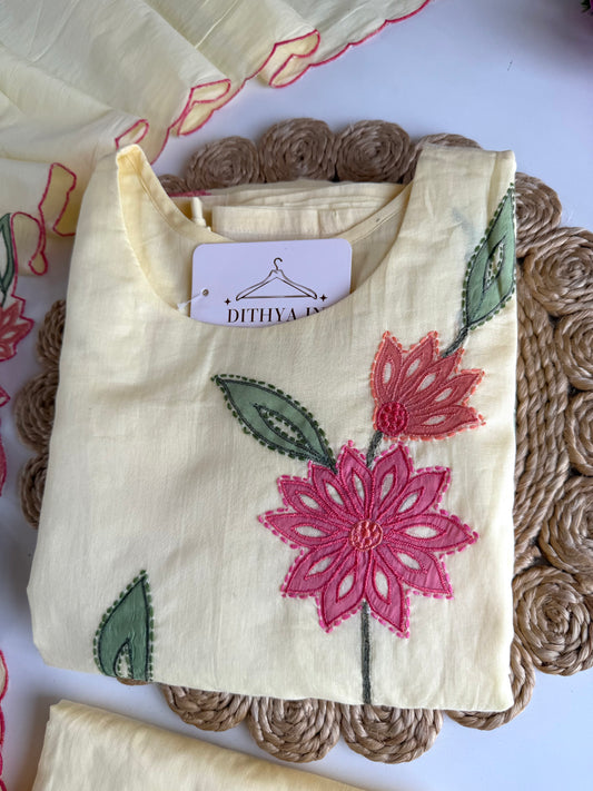 K726 - Mul cotton embroidered straight  Kurti with pants and dupatta