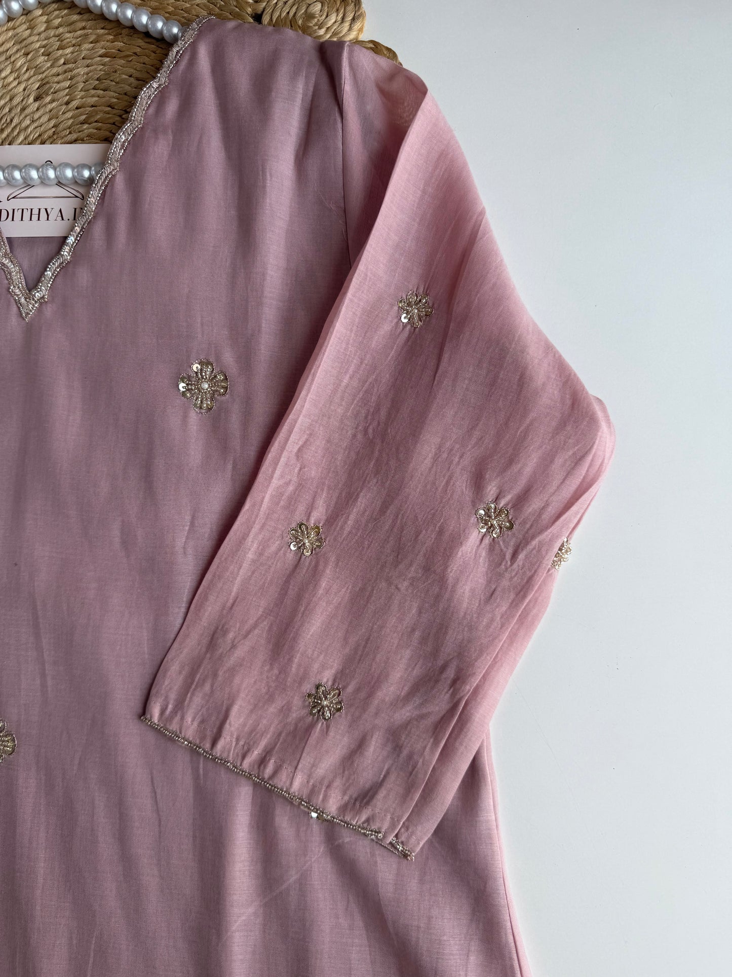 K245 - Mul chanderi handwork aline Kurti with pants and dupatta