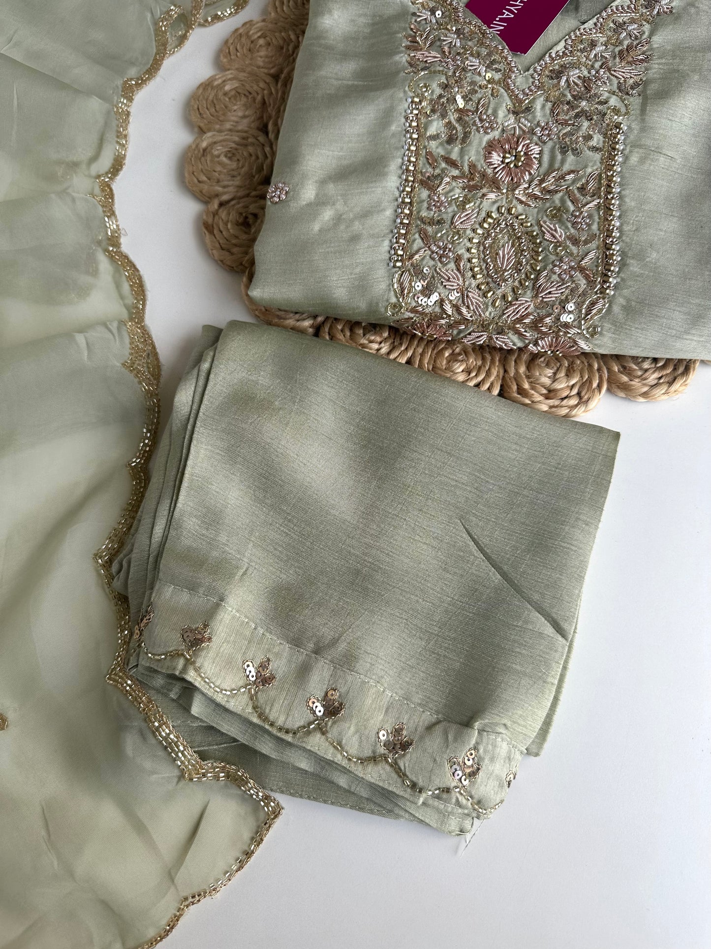 K428 - Russian silk handwork straight Kurti with pants and dupatta
