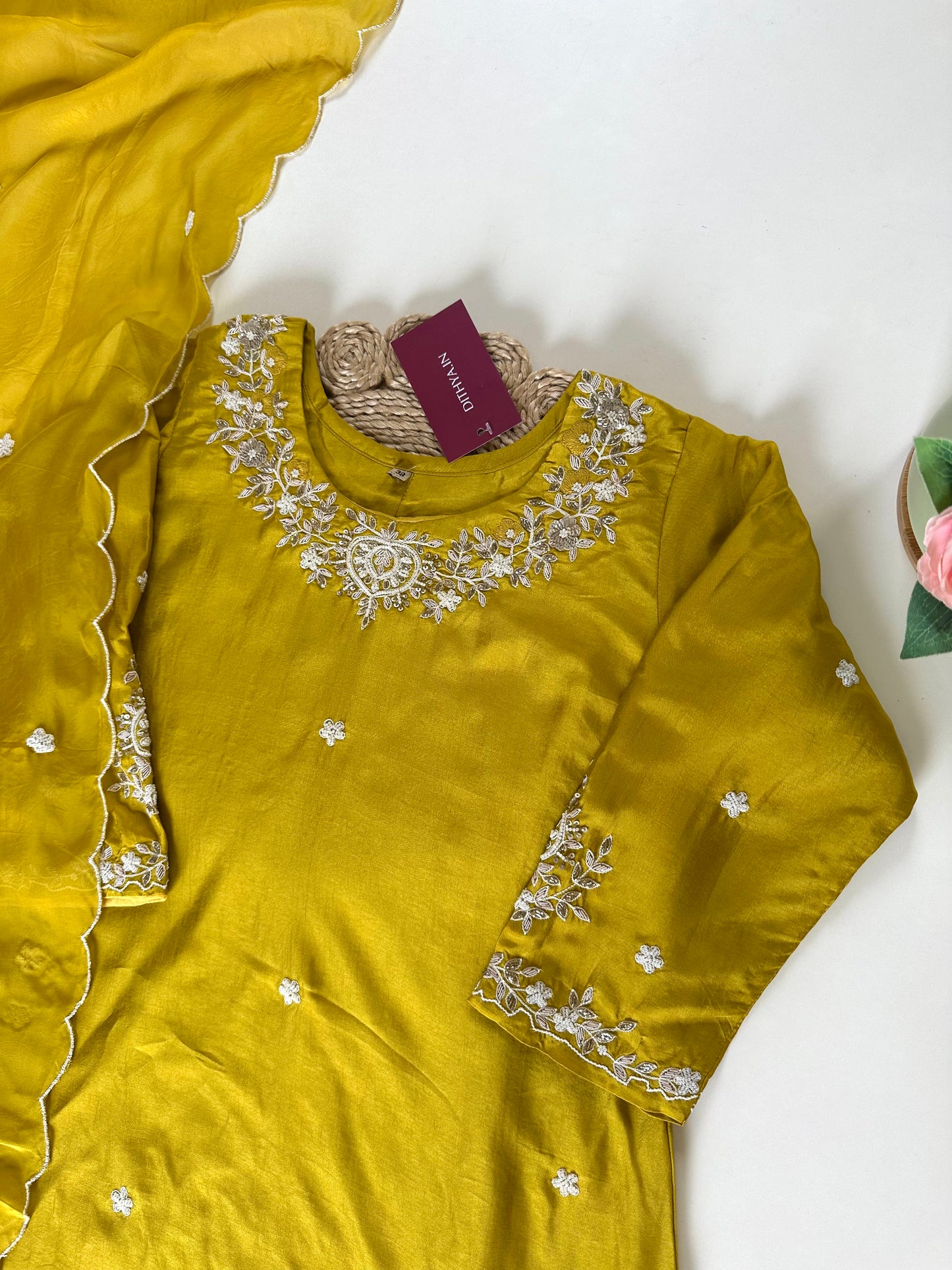 K018 - Zardosi work Russian silk straight kurti with pants and viscose organza dupatta.