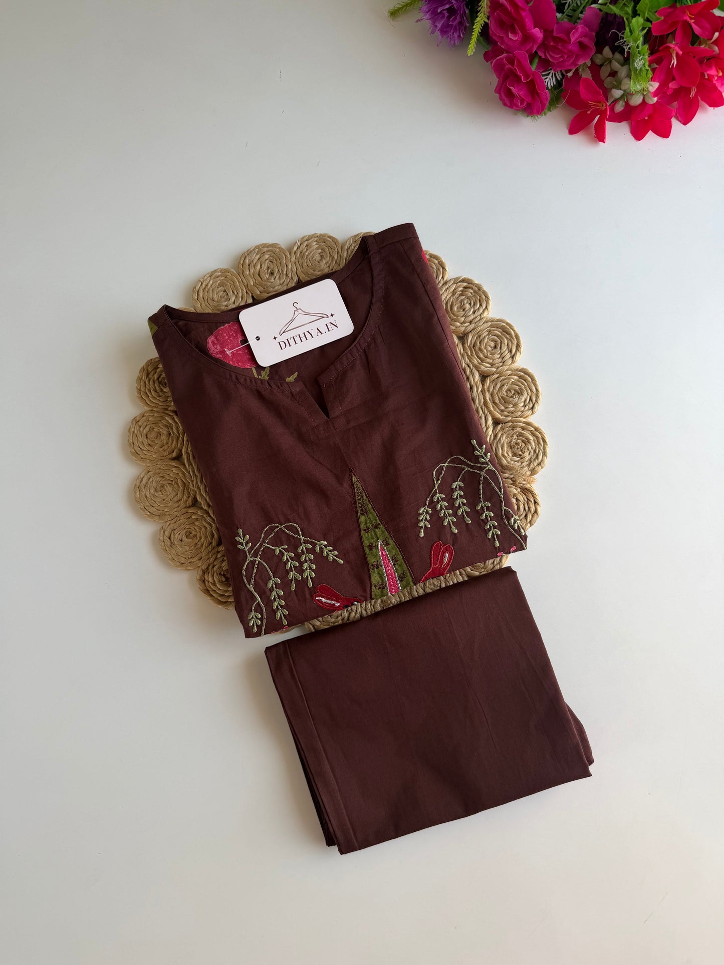 K587 - Mul cotton embroidered Aline Kurti with pants and dupatta