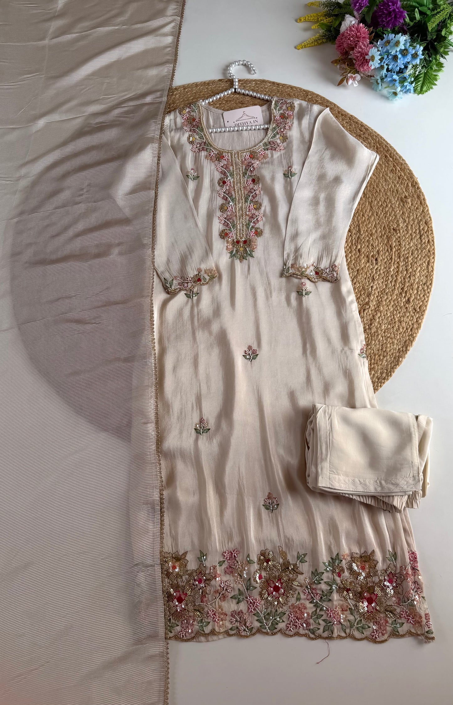 K681 - Tissue silk handwork straight Kurti with pants and dupatta