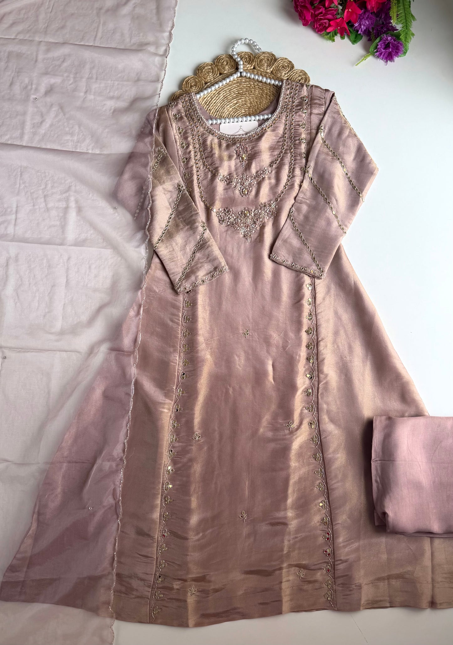 K722 - Tissue silk jewel work Anarkali with pants and dupatta