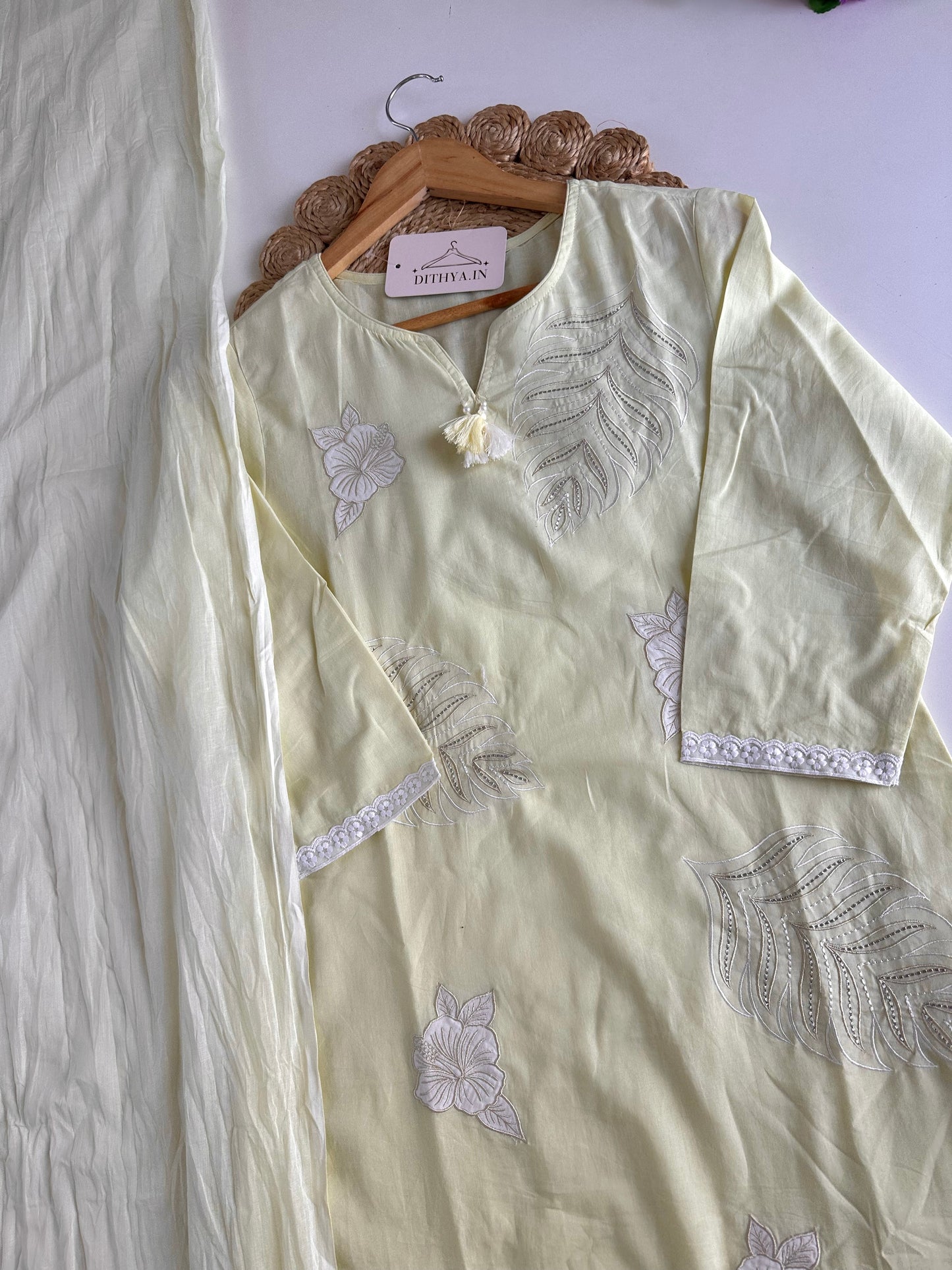 K159 - Mul cotton embroidered straight Kurti with pants and dupatta