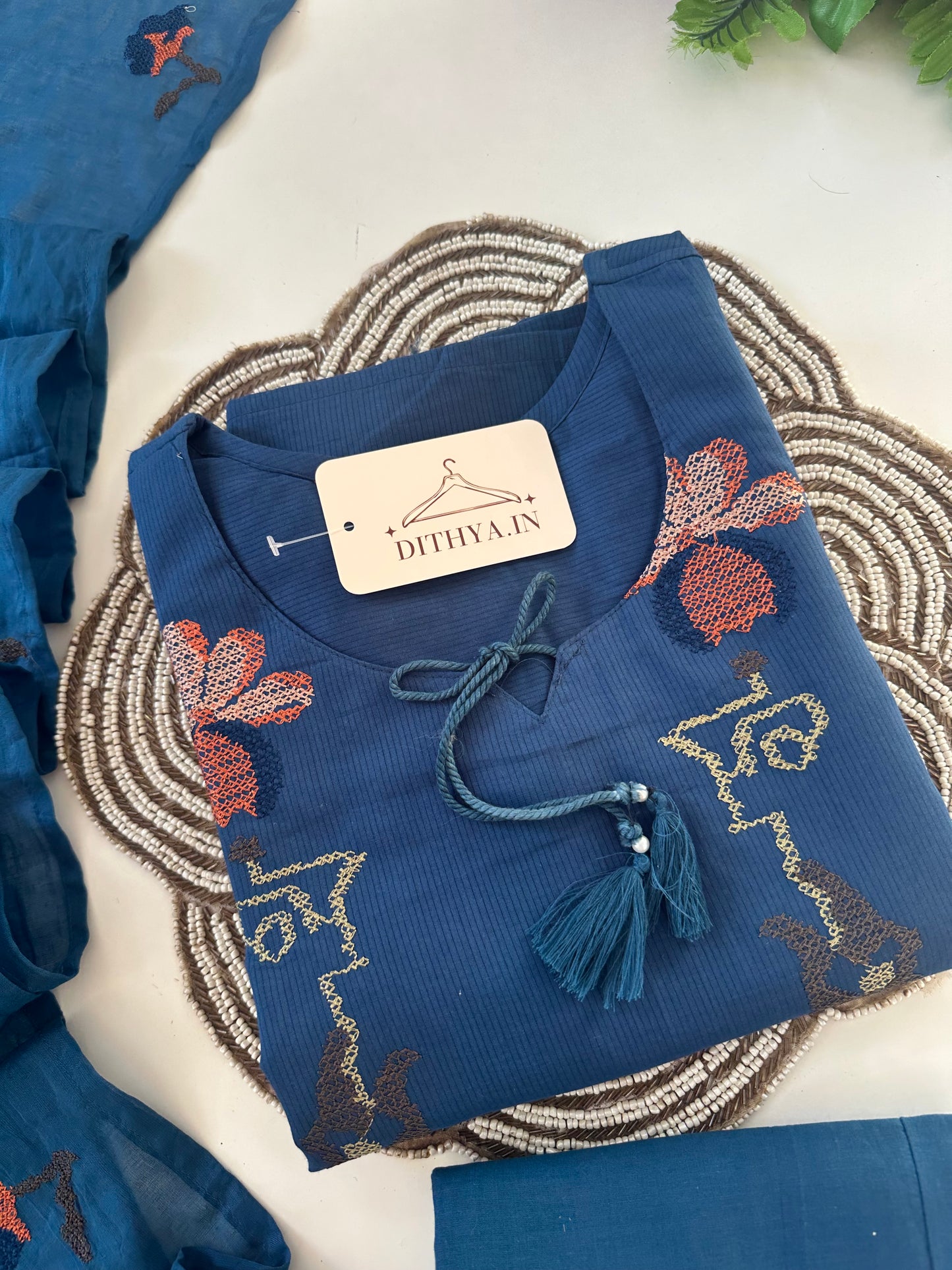 K649 - Mul cotton cross stitch straight Kurti with pants and dupatta