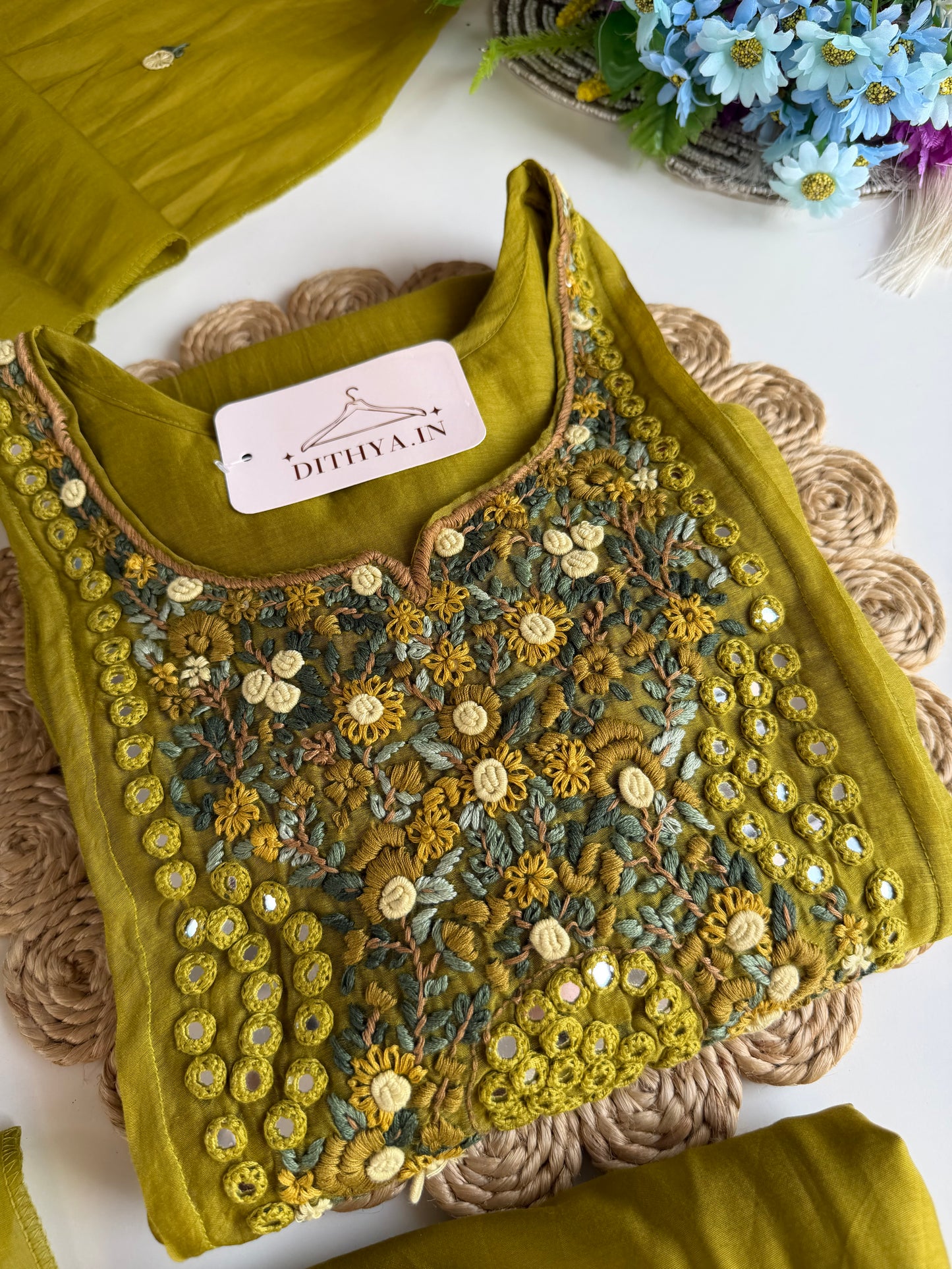 K604 - Mul chanderi embroidered Aline Kurti with pants and dupatta