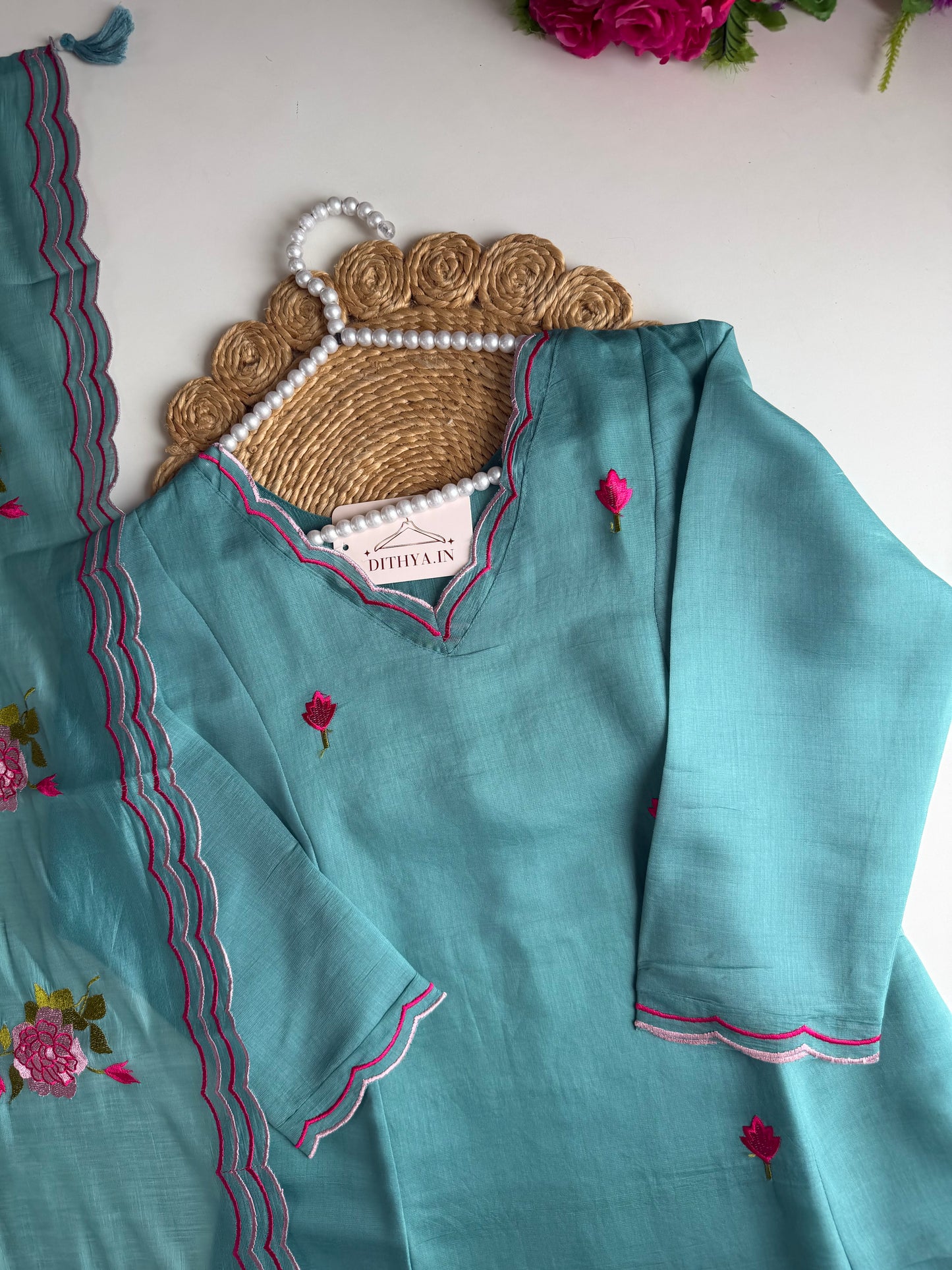 K721 - Surat mul chanderi embroidered Aline Kurti dupatta set