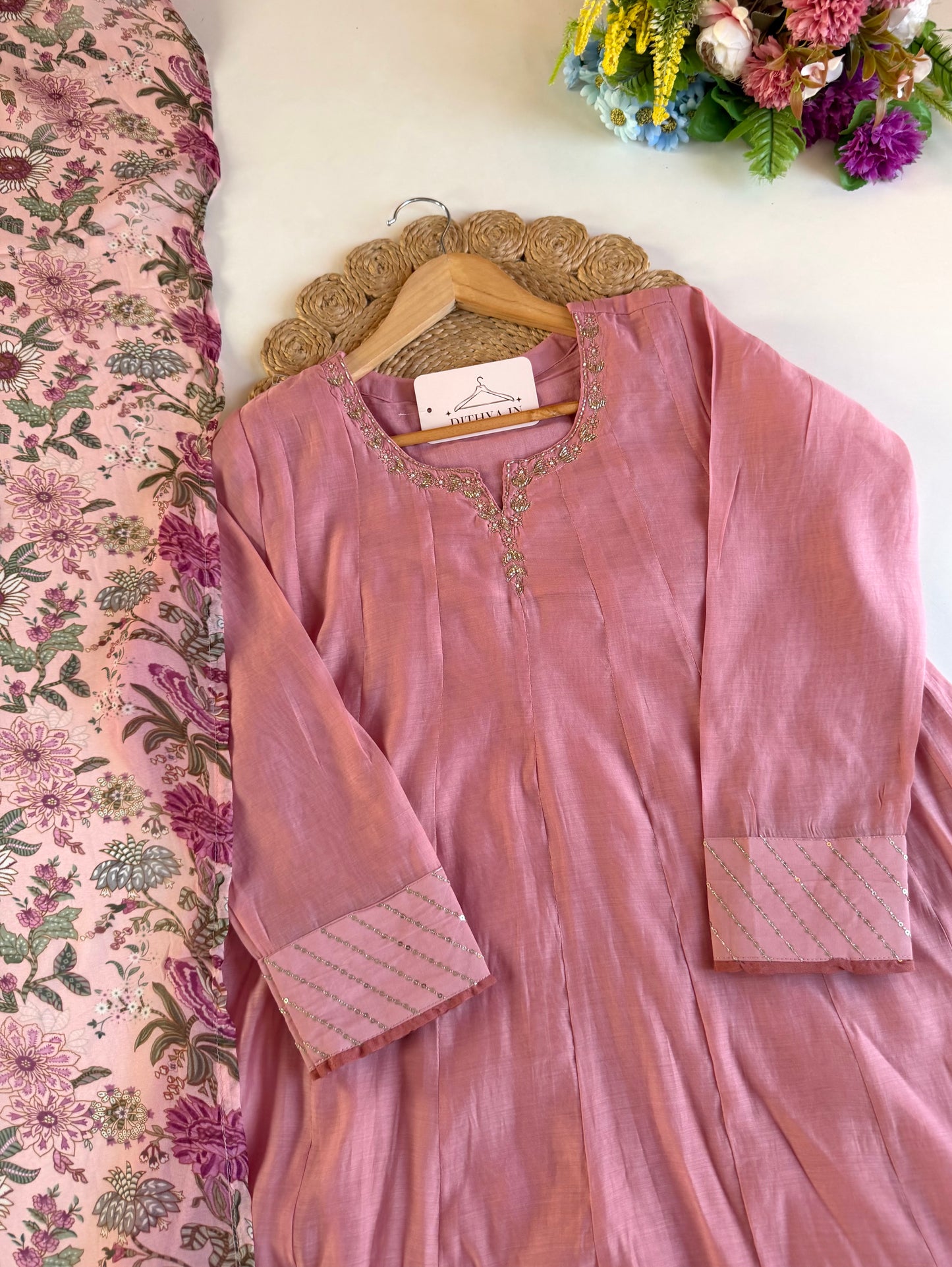 K557 - Surat Mul chanderi handwork Anarkali with pants and dupatta