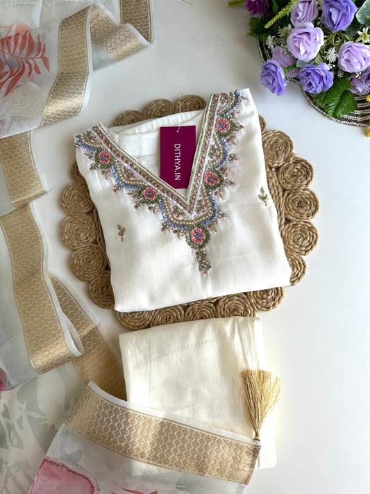 K024 - Roman silk handwork straight Kurti with pants and dupatta in 3 colours