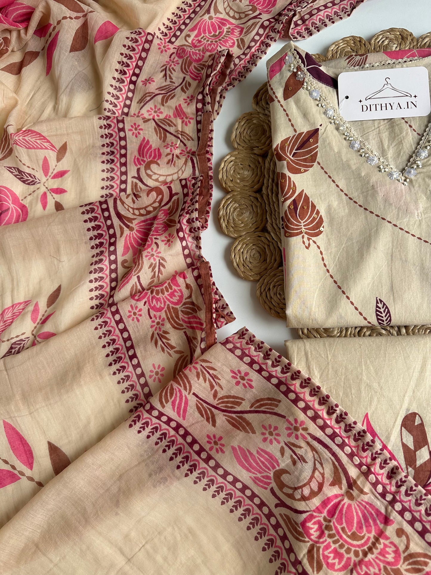 K146 - Mul cotton embroidered straight Kurti with pants and dupatta