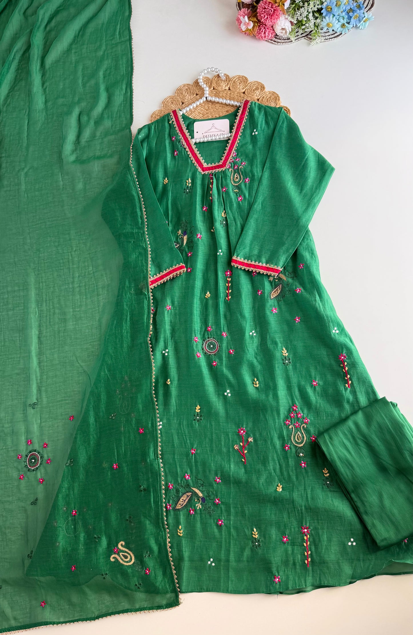 K618 - Mul chanderi handwork aline Kurti with pants and dupatta