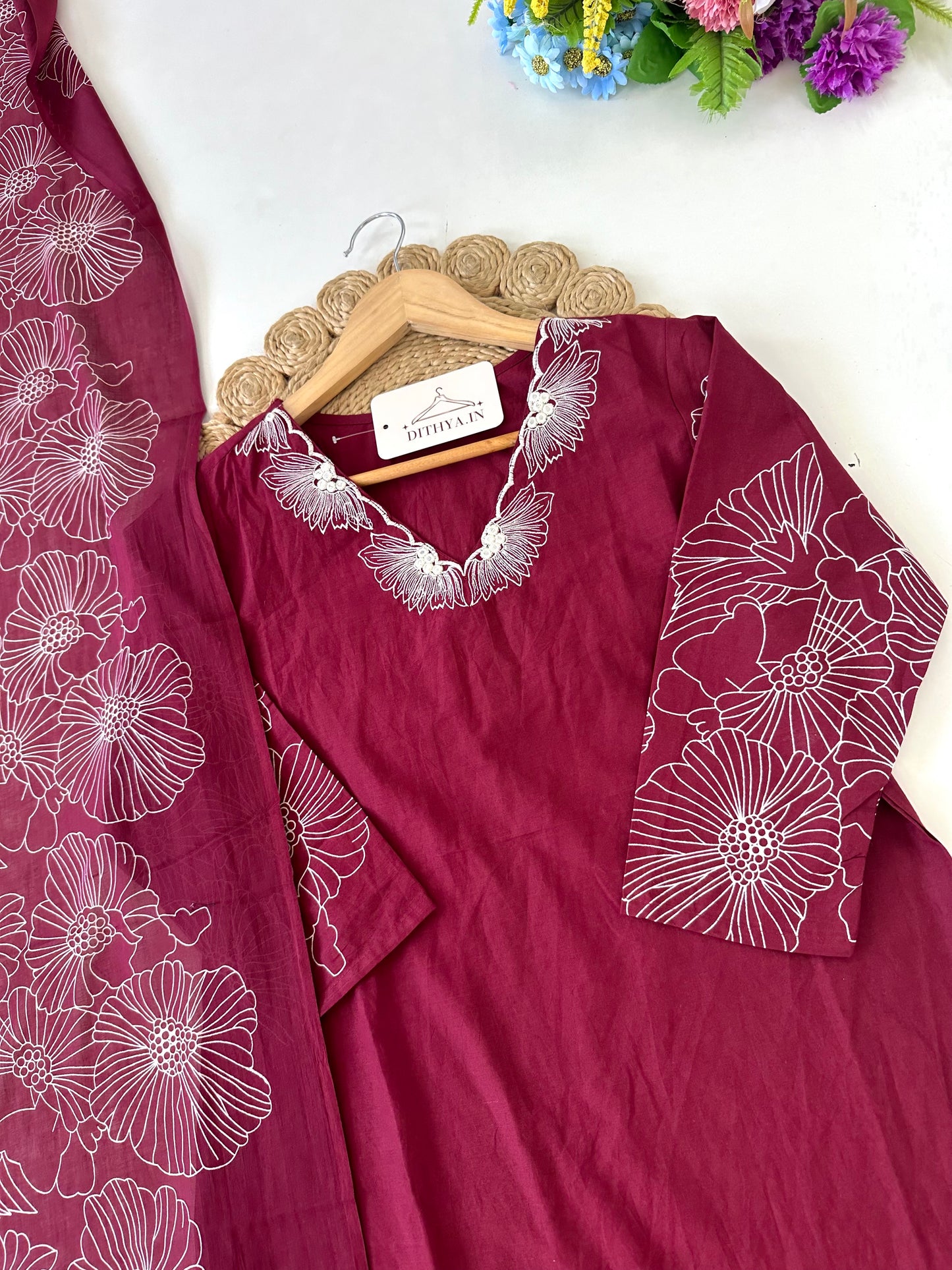 K075 - Mul cotton embroidered straight Kurti with pants and dupatta