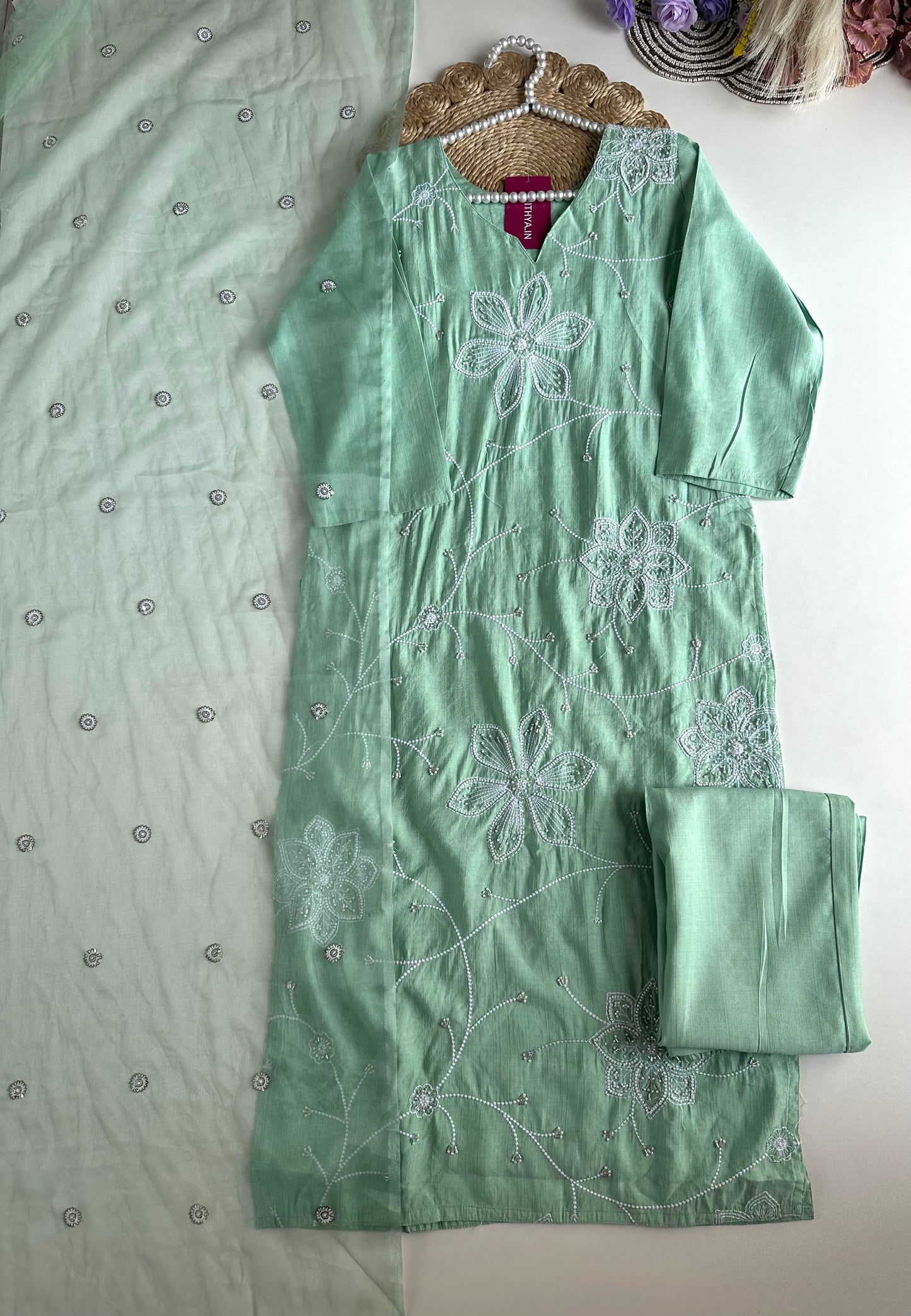 K100 - Roman silk embroidered straight Kurti with pants and dupatta