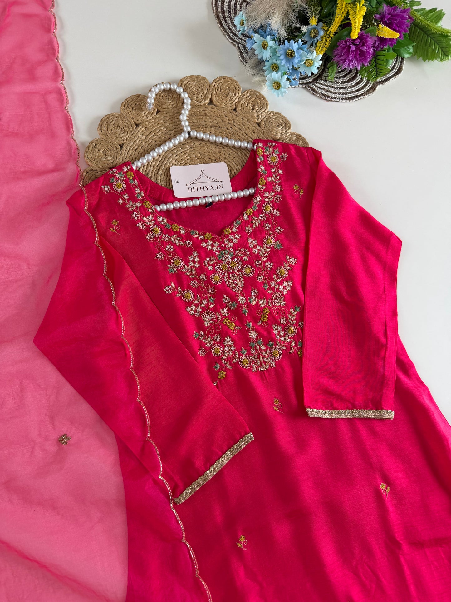 K617 - Dola silk handwork straight Kurti with pants and dupatta