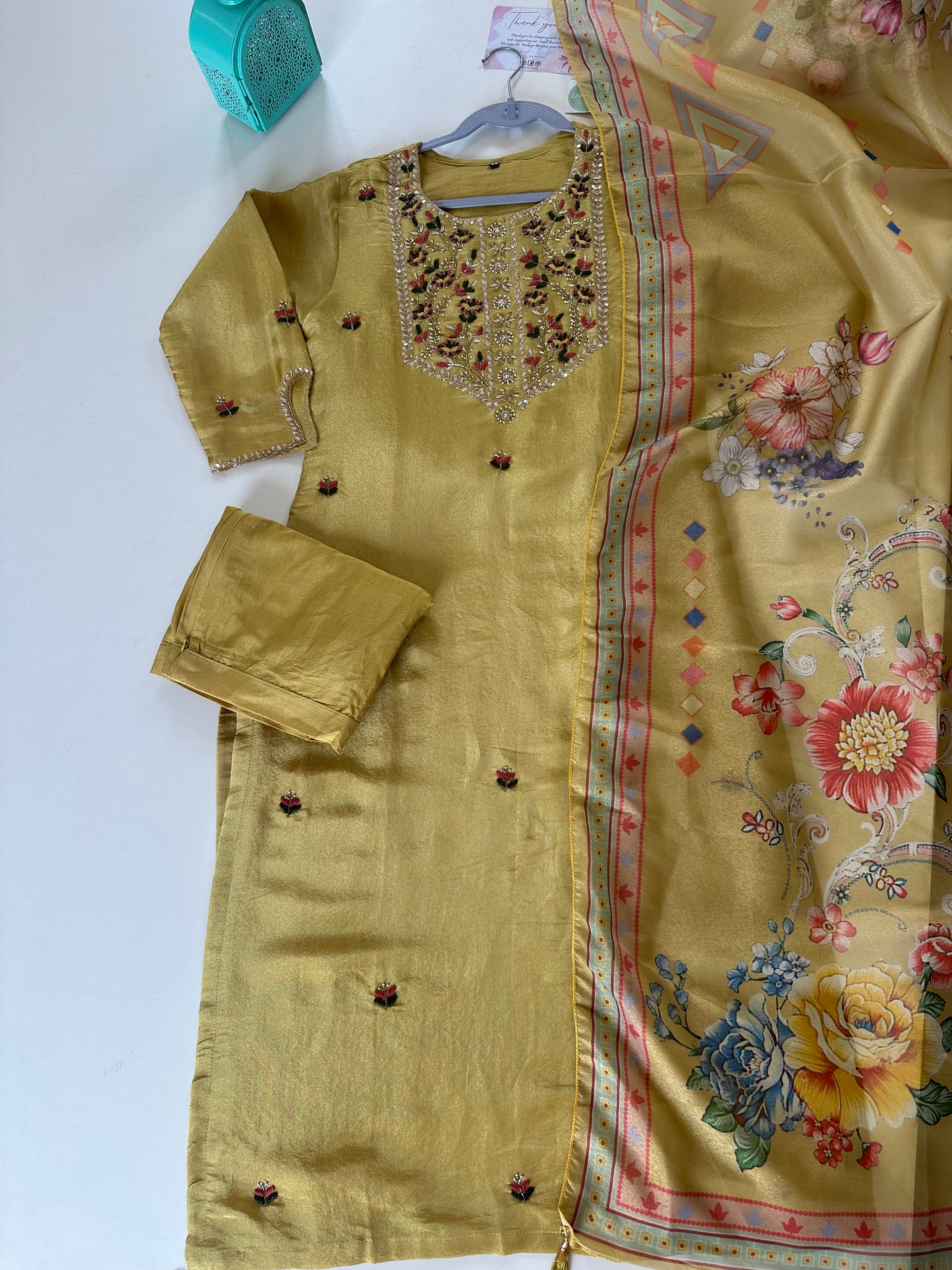 K232 - Tissue silk straight kurti with straight pants and dupatta .