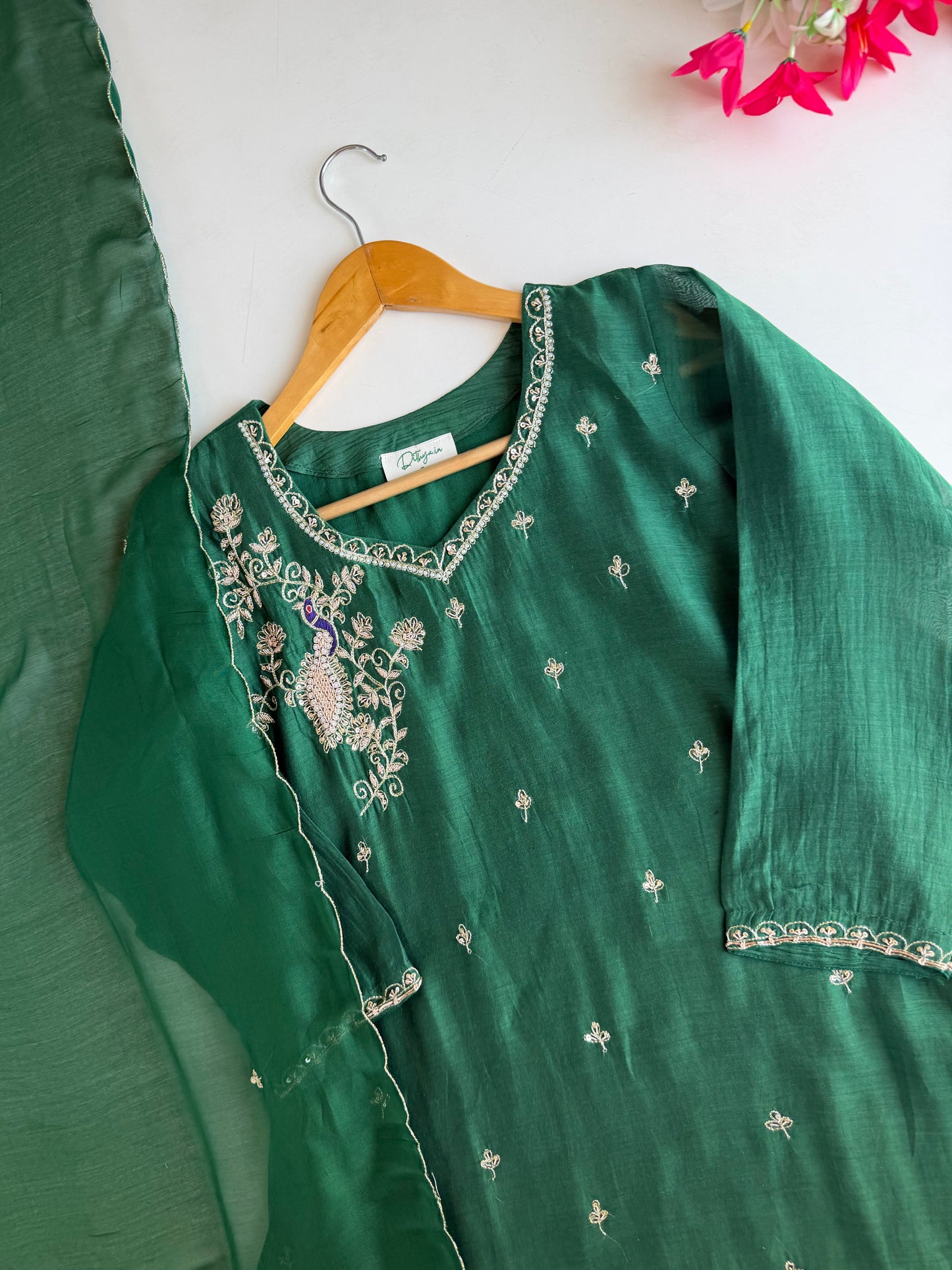 K691 - Banarasi Mul chanderi handwork Aline Kurti with pants and dupatta