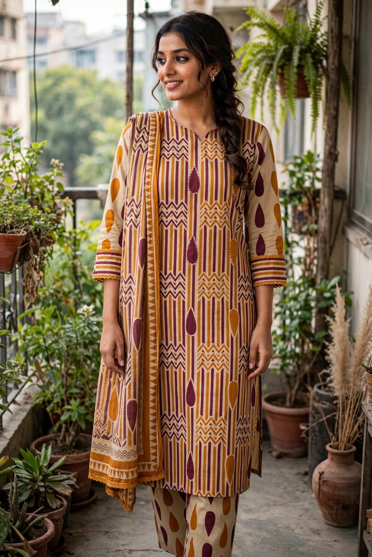 K474 - Mul cotton embroidered straight Kurti with pants and dupatta