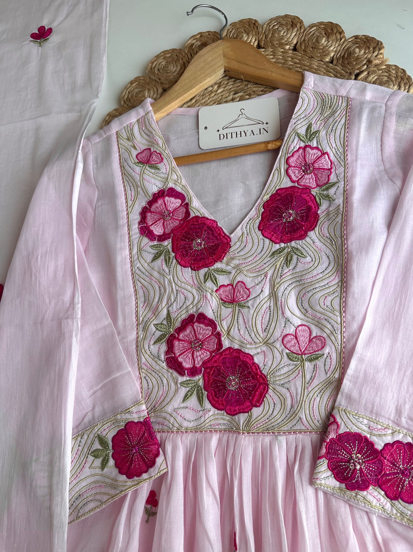 K606 - Mul cotton embroidered Anarkali with pants and dupatta
