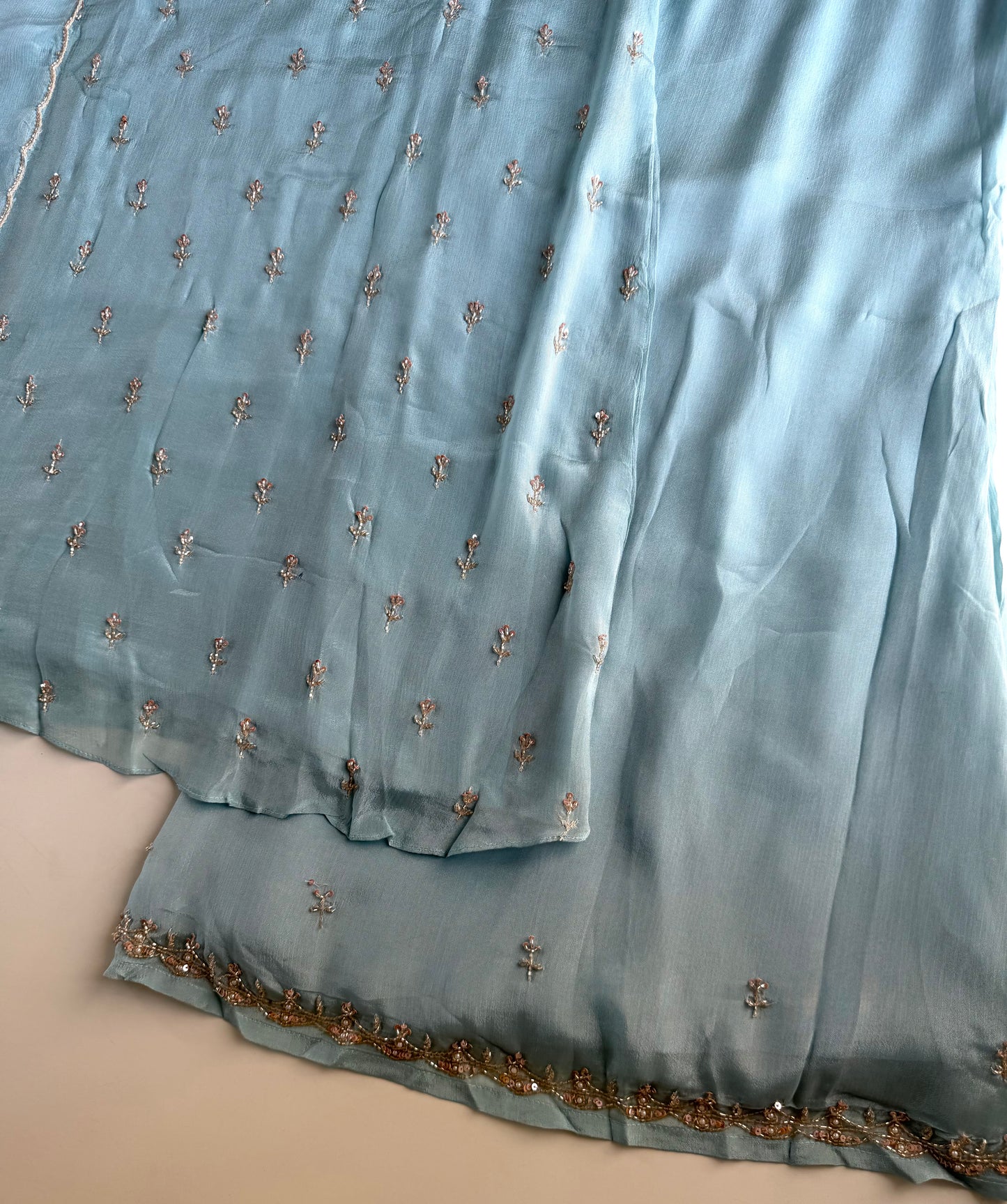 K690 - Pure Chinnon handwork aline Kurti with pants and dupatta