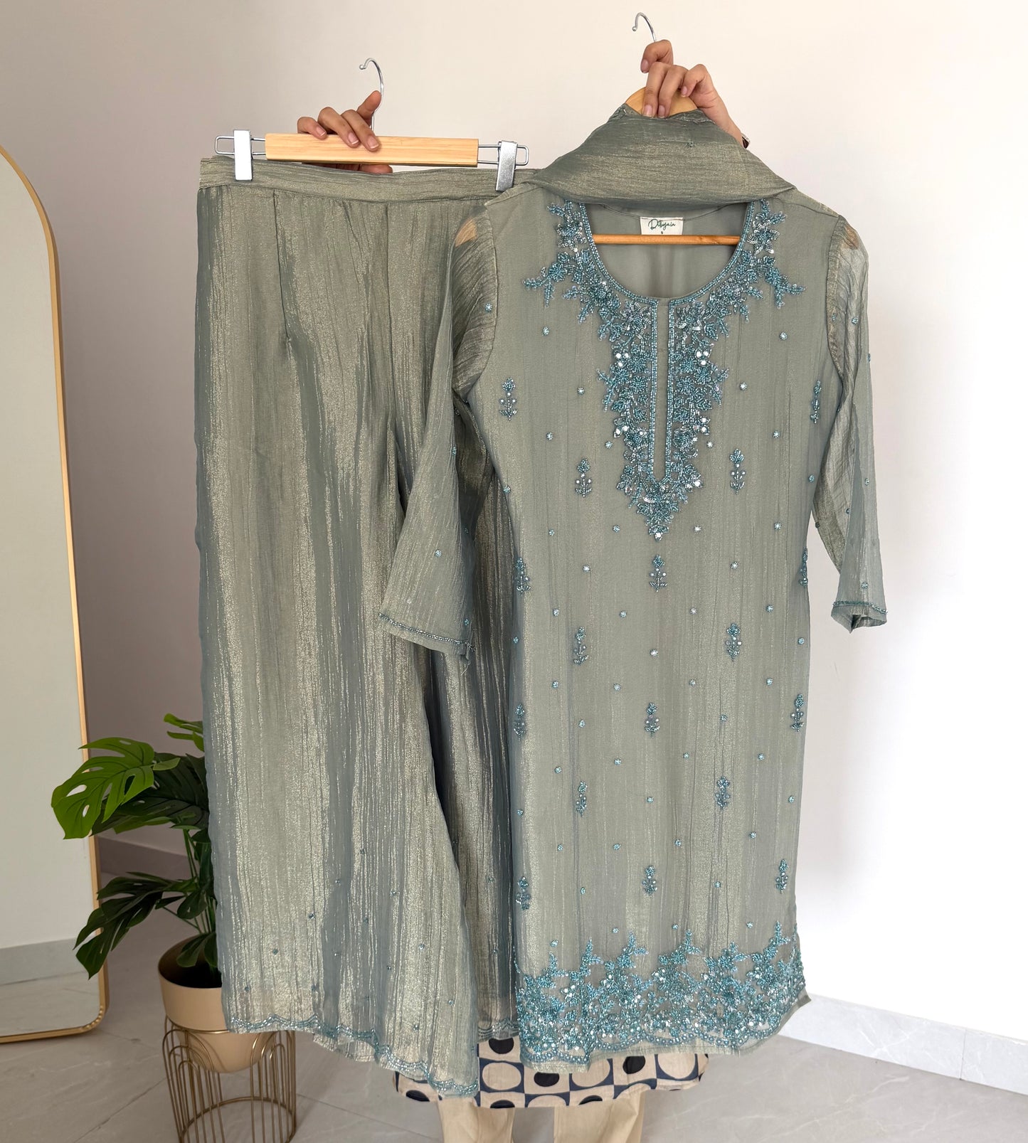 K549 - Crushed tissue silk handwork straight Kurti with divider pants and dupatta