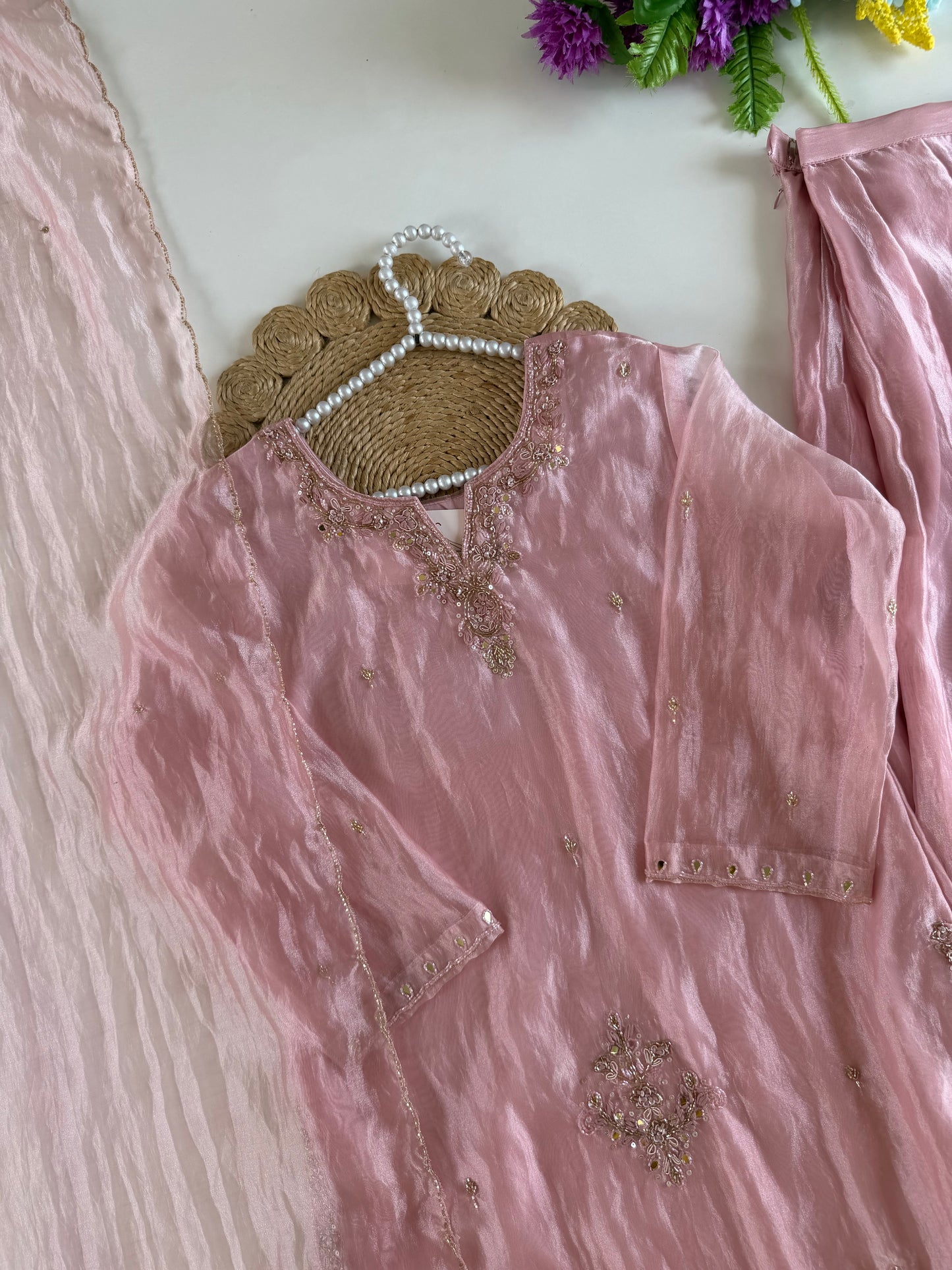 K391 - Glass tissue silk handwork short Kurti with divider pants and dupatta