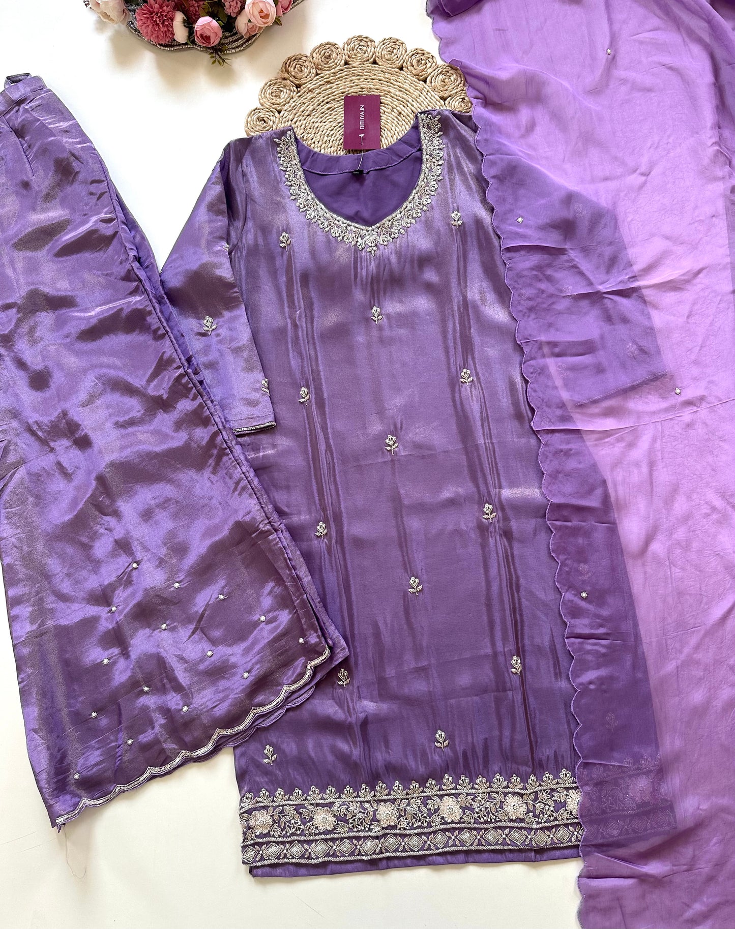 K069 - Tissue silk handwork straight Kurti with pants and dupatta .