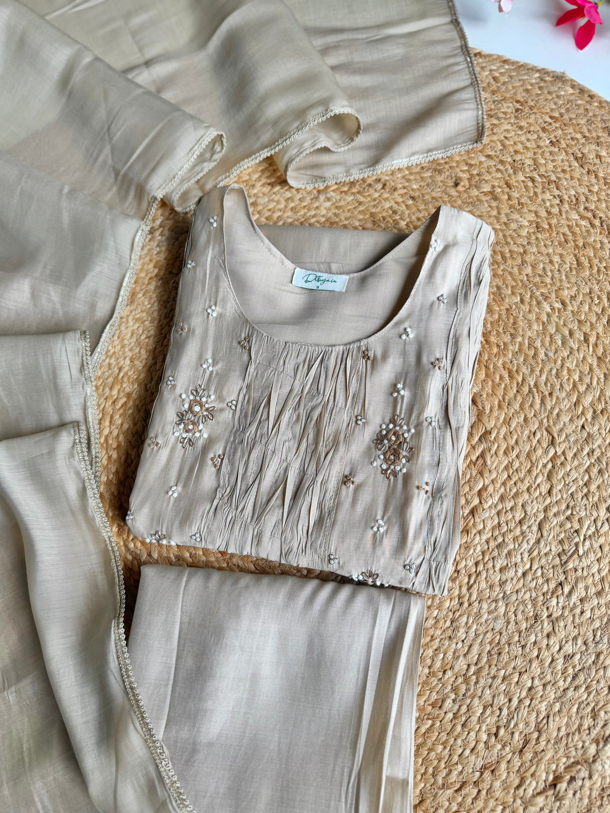K215 - Surat Mul chanderi handwork Aline Kurti with pants and dupatta