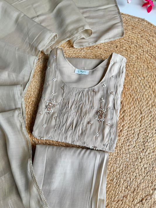 K215 - Surat Mul chanderi handwork Aline Kurti with pants and dupatta