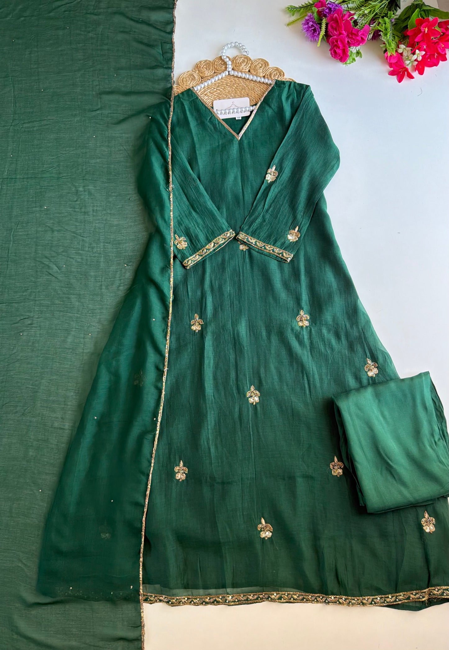 K260 - Mul chanderi handwork Aline Kurti with pants and dupatta